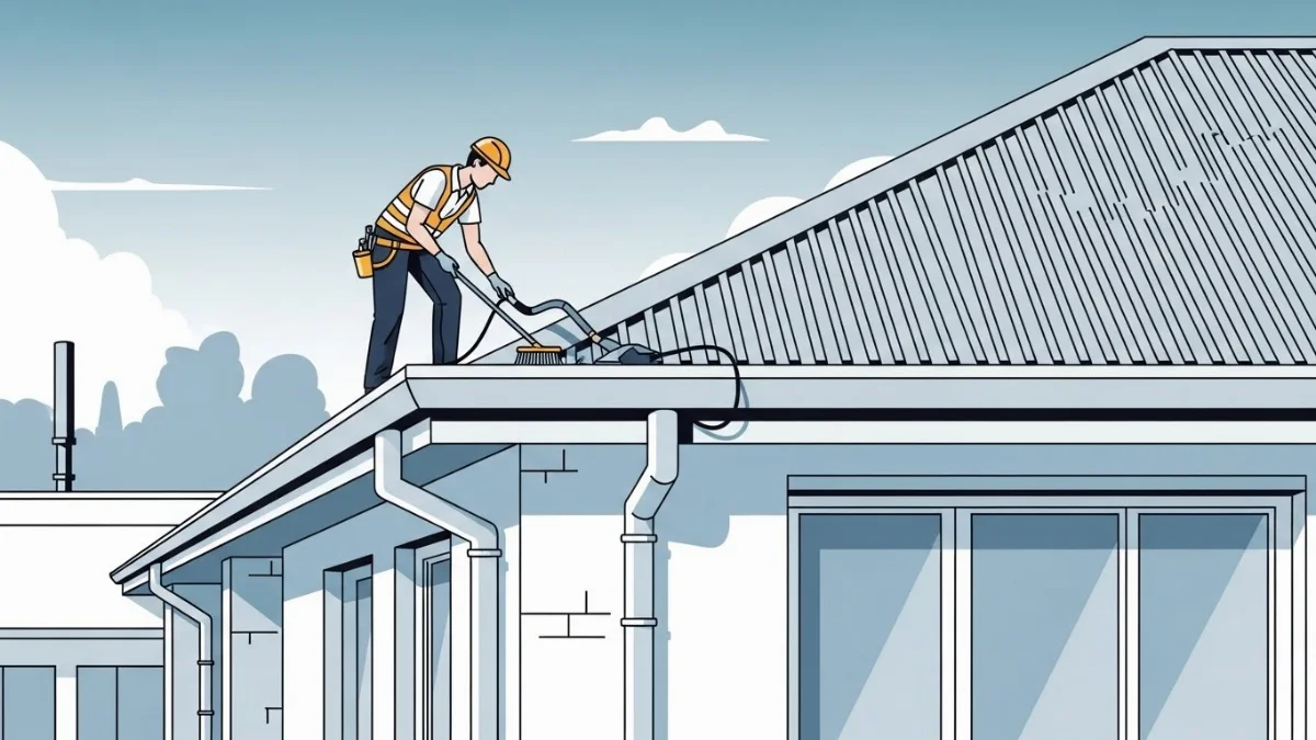 Công nhân vệ sinh máng xối và loại bỏ rác thải tích tụ hiệu quả