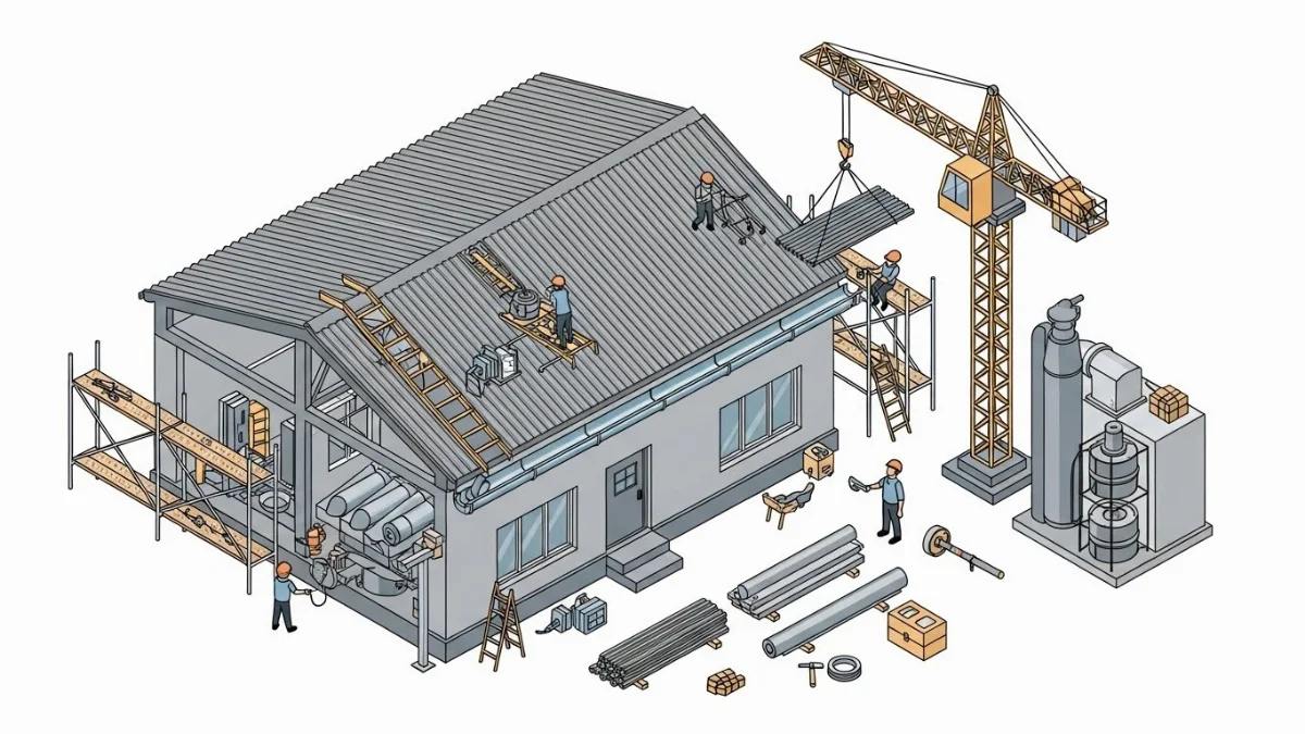 Đội ngũ thợ làm máng xối inox đang tiến hành lắp đặt máng nước