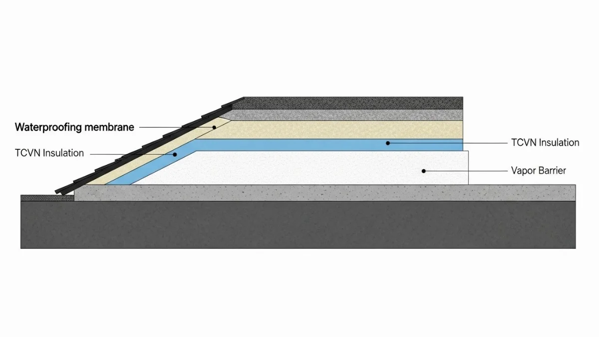 Hệ thống thoát nước mái nhà xưởng với độ dốc tiêu chuẩn TCVN tránh ứ đọng nước mưa