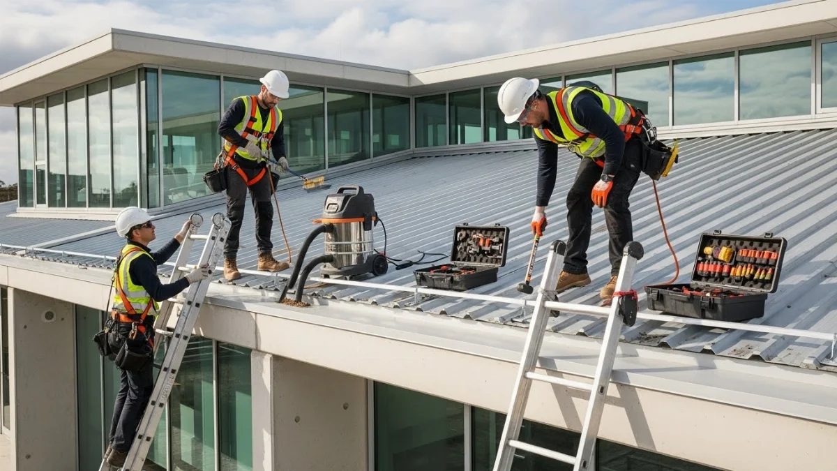 Thợ kiểm tra hệ thống máng xối và mái tôn định kỳ trên mái nhà