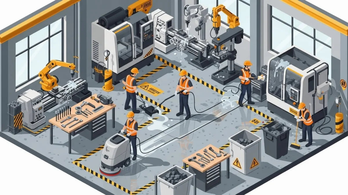 Đội ngũ nhân viên vệ sinh chuyên nghiệp làm việc tại nhà máy