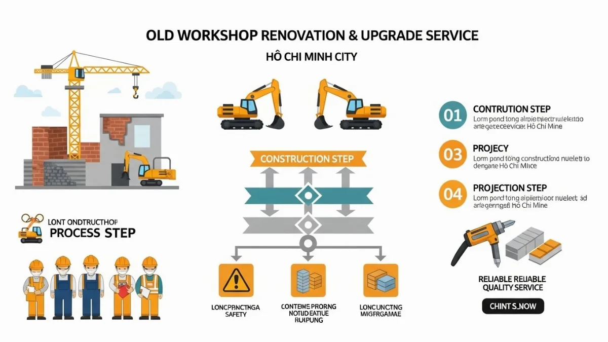 Đội ngũ kỹ thuật viên đang thi công sửa chữa nhà xưởng