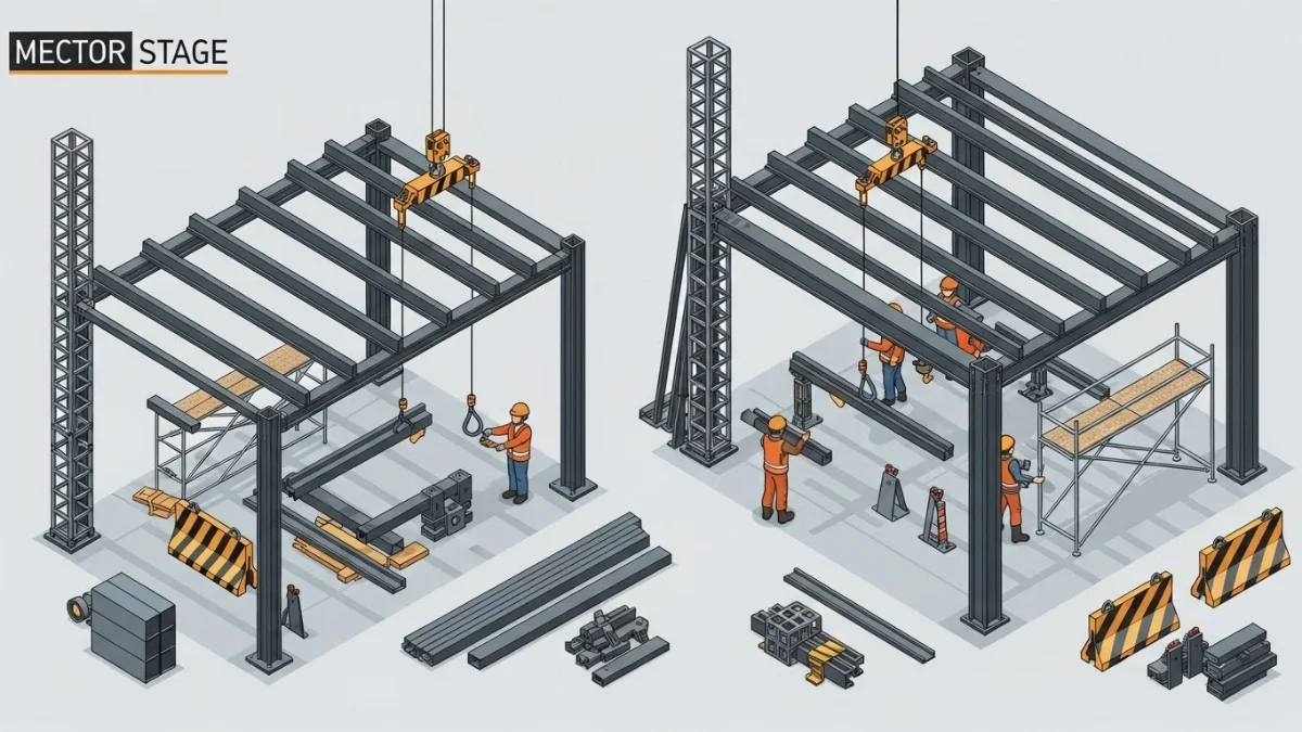 Công nhân tuân thủ an toàn lao động khi thi công khung thép trên cao