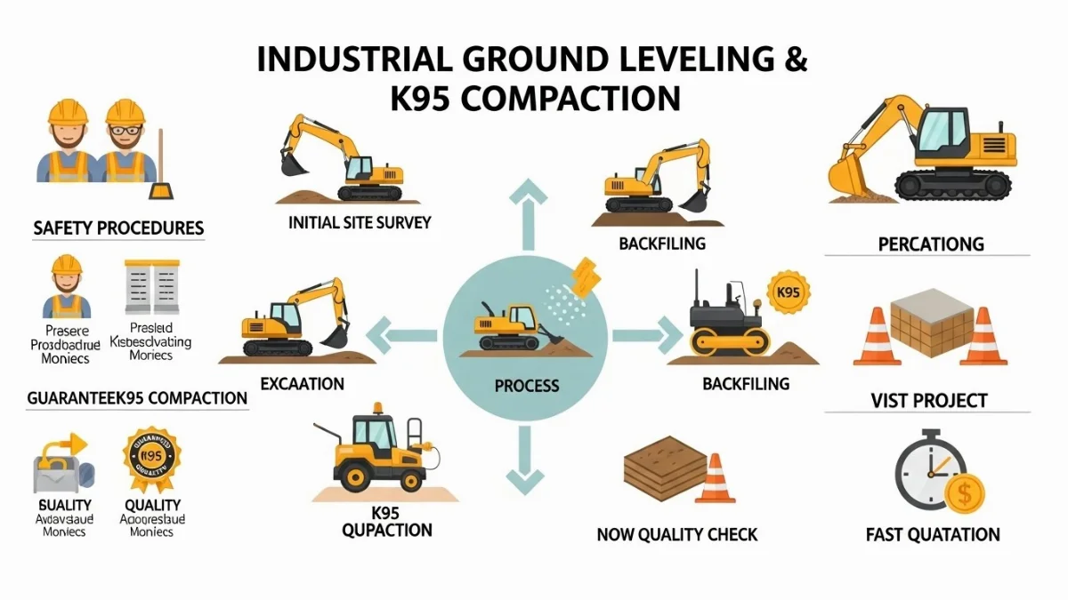 Hình ảnh công nhân đang kiểm tra chất lượng san lấp mặt bằng công nghiệp